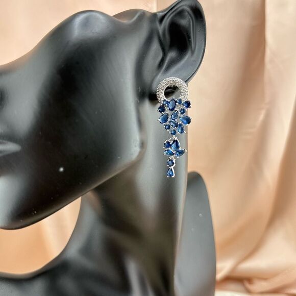 Elegant Silver and Blue Crystal Dangle Earrings - Picture 3 of 5